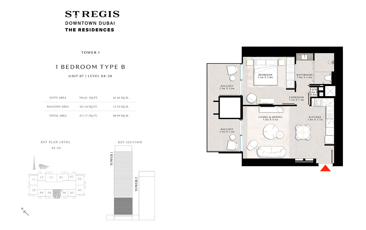 St. Regis Residences Tower 1 Unit 07, Type B , 1 Bedroom apartment.
